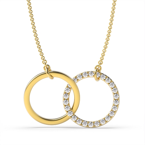 Pave Setting Round Yellow Gold Interlocking two Pendant Necklaces