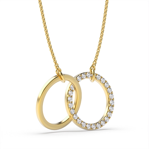 Pave Setting Round Yellow Gold Interlocking two Pendant Necklaces