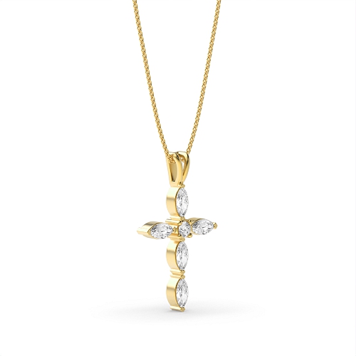 4 Prong Marquise Yellow Gold Unique Cross Pendant Necklace