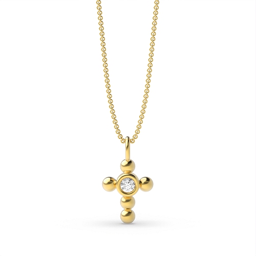 Bezel Setting Round Yellow Gold Cross Pendant Necklace