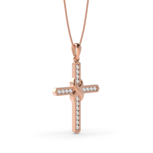 Channel Setting Round Rose Gold Cross Pendant Necklace
