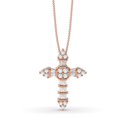 Prong Setting Cross Design Round And Baguette Diamond Pendants