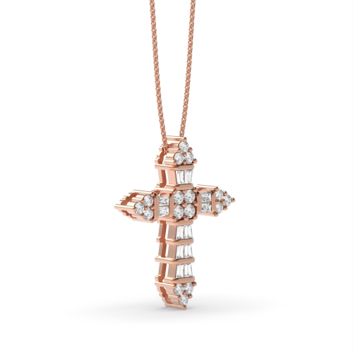 Pave Setting Baguette Rose Gold Cross Pendant Necklace