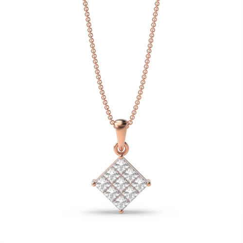 Flush Setting Princess Rose Gold Invisible Cluster Pendant Necklaces