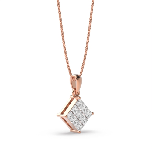 Flush Setting Princess Rose Gold Invisible Cluster Pendant Necklaces