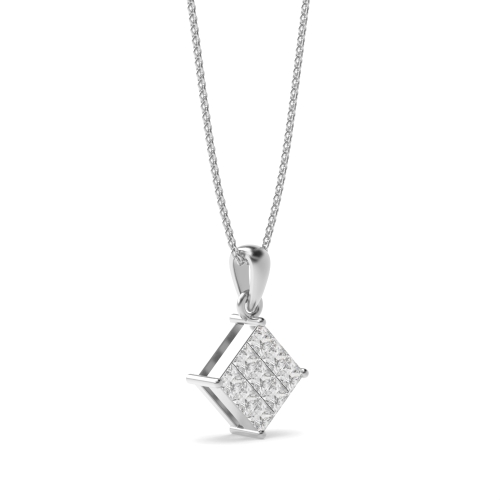 Flush Setting Princess Platinum Invisible Cluster Pendant Necklaces