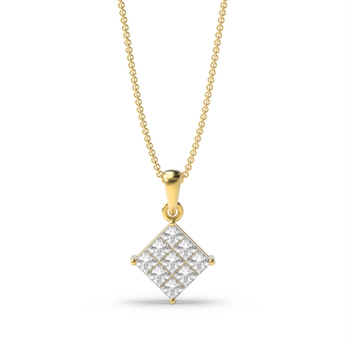 Flush Setting Princess Yellow Gold Invisible Pendant Necklaces