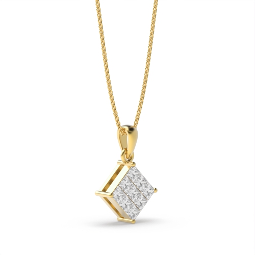 Flush Setting Princess Yellow Gold Invisible Pendant Necklaces