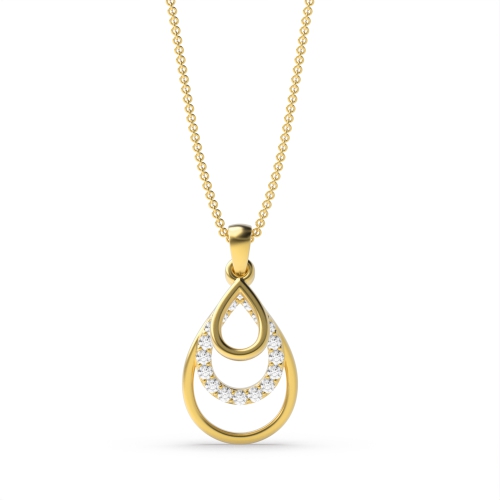 Pave Setting Round Yellow Gold 3 tear drop Pendant Necklaces