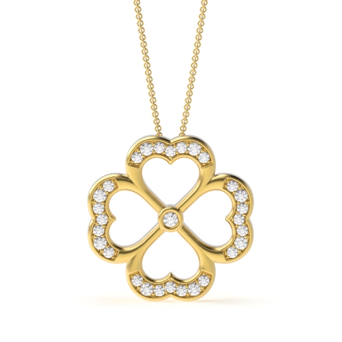 Pave Setting Round Yellow Gold Double sided clover Pendant Necklaces