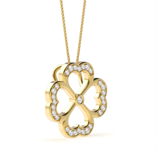 Pave Setting Round Yellow Gold Double sided clover Pendant Necklaces