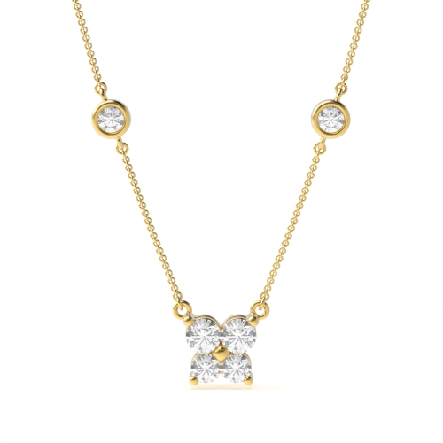 4 Prong Round Yellow Gold Square shaped accented Pendant Necklaces