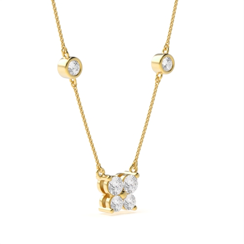 4 Prong Round Yellow Gold Square shaped accented Pendant Necklaces