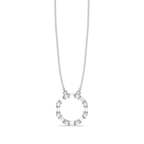 prong setting baguette and round diamond circle pendant
