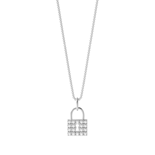 Pave Setting Round Silver Lock Pendant Necklaces