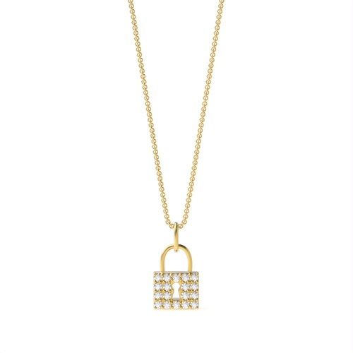 Pave Setting Round Yellow Gold Lock Pendant Necklaces