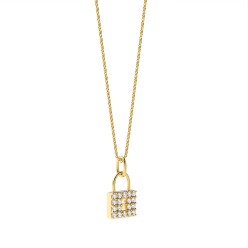 Pave Setting Round Yellow Gold Lock Pendant Necklaces