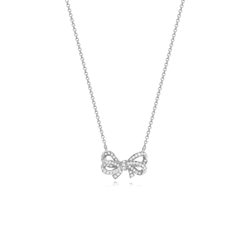 Pave Setting Round Silver Bow Pendant Necklaces