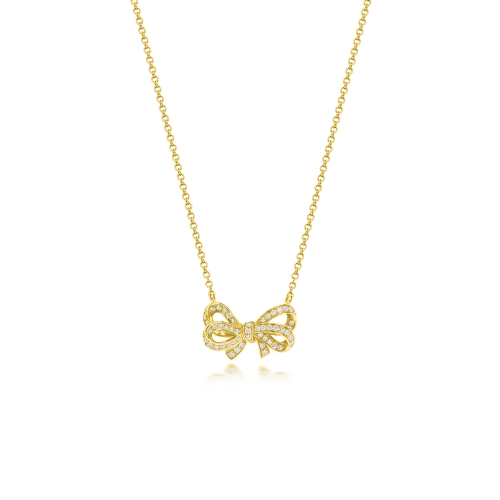 Pave Setting Round Yellow Gold Bow Pendant Necklaces