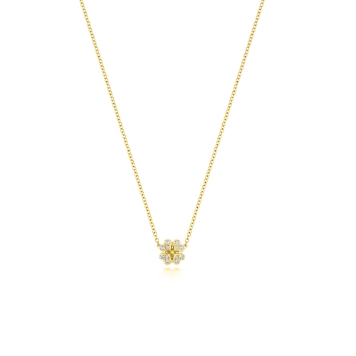 Pave Setting Round Yellow Gold Clover Pendant Necklaces