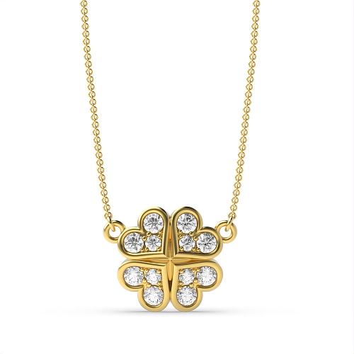 Pave Setting Round Yellow Gold Four heart clover Pendant Necklaces