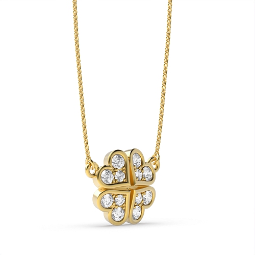 Pave Setting Round Yellow Gold Four heart clover Pendant Necklaces