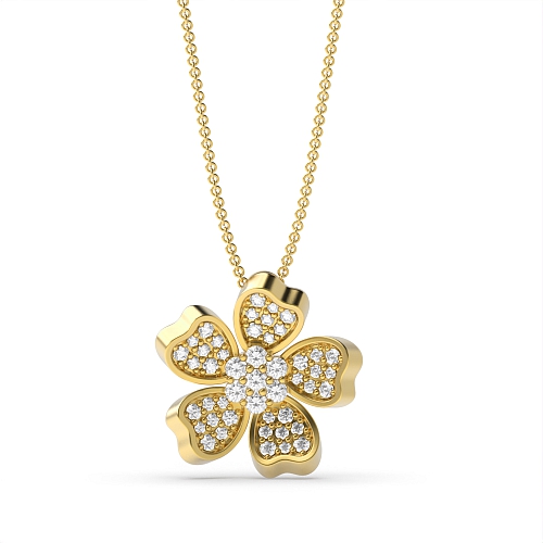 Pave Setting Round Yellow Gold Flower with petals accented Pendant Necklaces