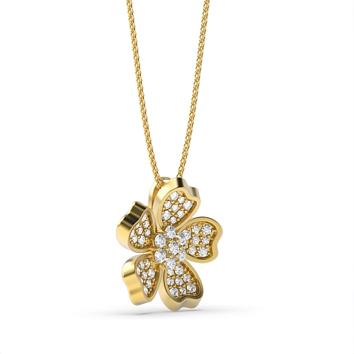 Pave Setting Round Yellow Gold Flower with petals accented Pendant Necklaces