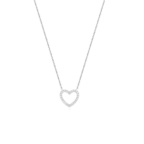 Pave Setting Round Silver Heart Pendant Necklace