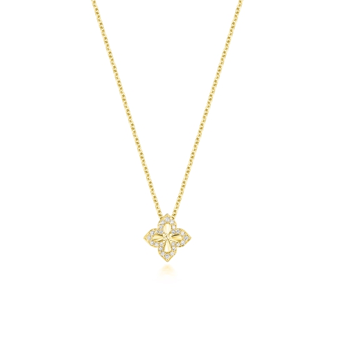 Pave Setting Round Yellow Gold Flower design Pendant Necklaces