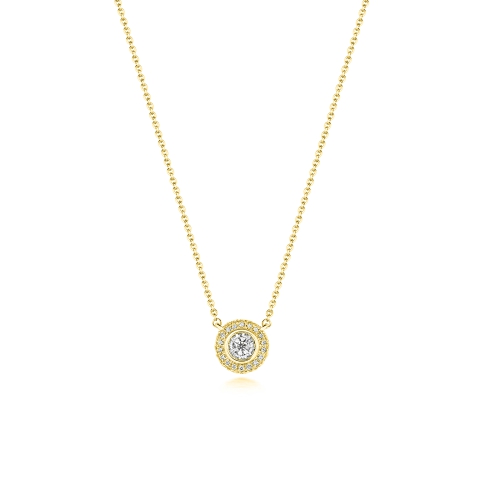 bezel and prong setting halo solitaire round diamond necklace