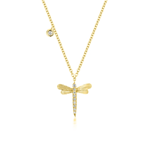 Bezel Setting Round Yellow Gold Butterfly shaped Pendant Necklaces