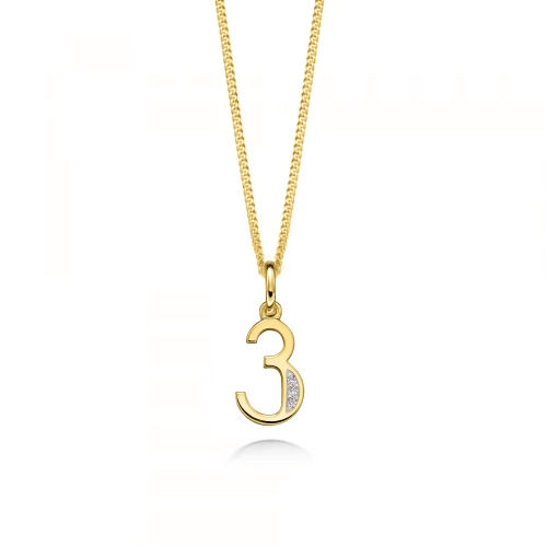 Pave Setting Round Yellow Gold Number 3 Pendant Necklaces
