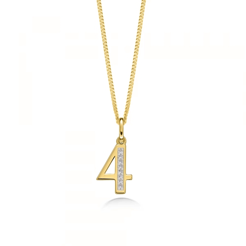 Pave Setting Round Yellow Gold Number 4 Pendant Necklaces