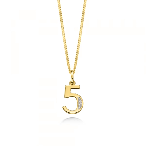 Pave Setting Round Yellow Gold Number 5 Pendant Necklaces