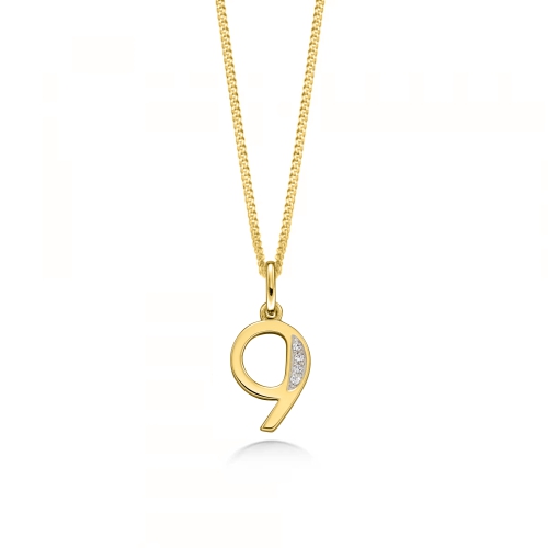 Pave Setting Round Yellow Gold Number 9 Pendant Necklaces