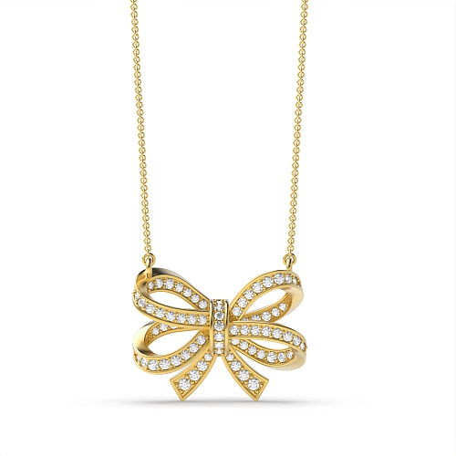Pave Setting Round Yellow Gold Double bow Pendant Necklaces