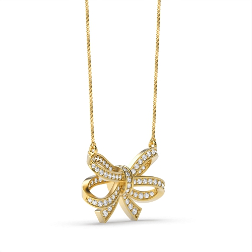 Pave Setting Round Yellow Gold Double bow Pendant Necklaces