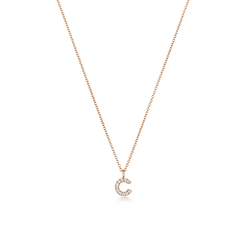 4 Prong Round Rose Gold Petit alphabet c Pendant Necklaces
