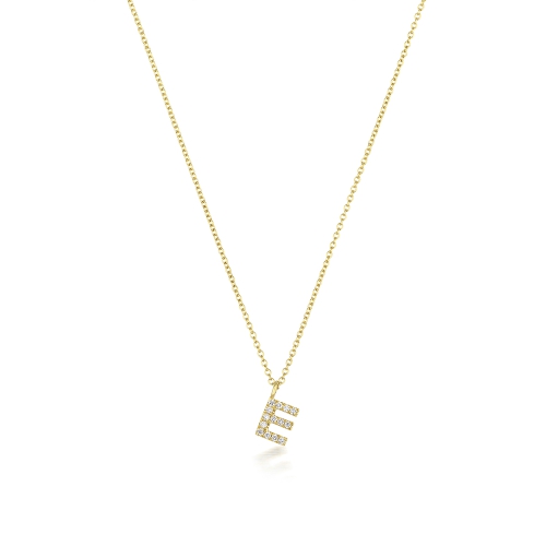 4 Prong Round Yellow Gold Petit alphabet e Pendant Necklaces