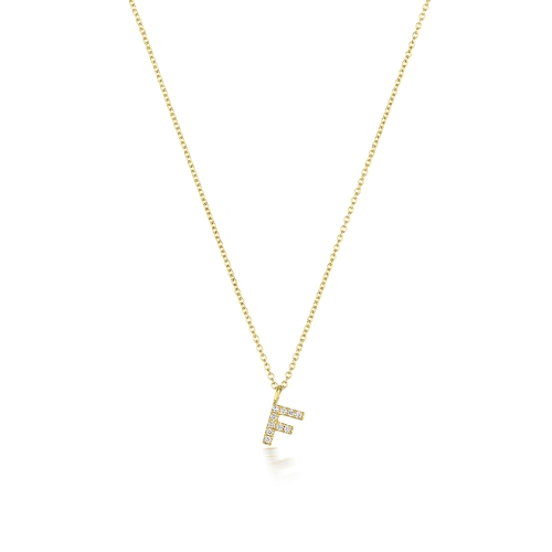 4 Prong Round Yellow Gold Petit alphabet f Pendant Necklaces