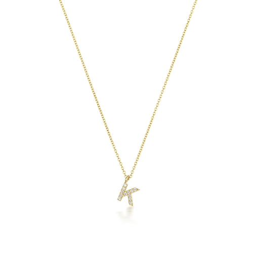 4 Prong Round Yellow Gold Petit alphabet k Pendant Necklaces
