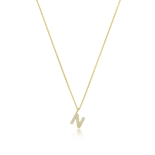 4 Prong Round Yellow Gold Petit alphabet n Pendant Necklaces