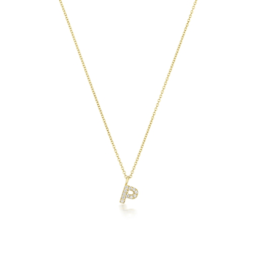 4 Prong Round Yellow Gold Petit alphabet p Pendant Necklaces
