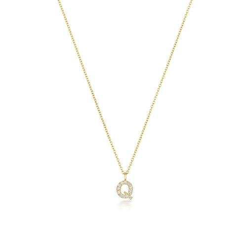 4 Prong Round Yellow Gold Petit alphabet q Pendant Necklaces