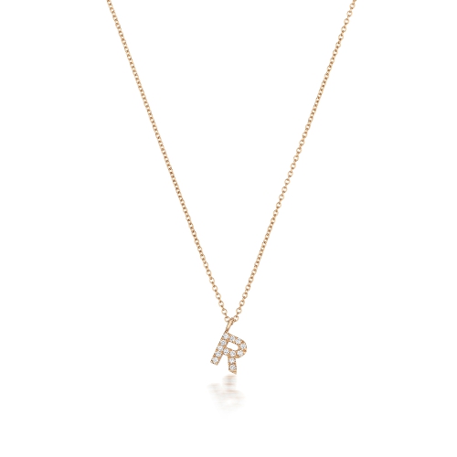 4 Prong Round Rose Gold Petit alphabet r Pendant Necklaces