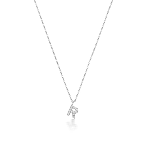 4 Prong Round Petit alphabet r Initial Pendant Necklaces