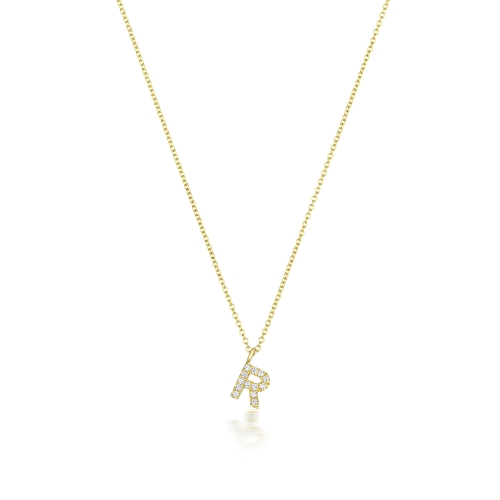 4 Prong Round Yellow Gold Petit alphabet r Pendant Necklaces