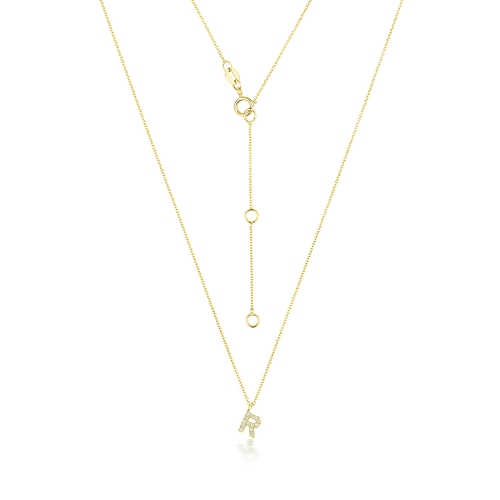 4 Prong Round Yellow Gold Petit alphabet r Pendant Necklaces