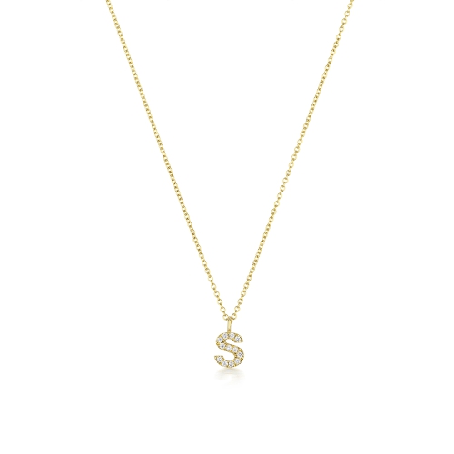 4 Prong Round Yellow Gold Petit alphabet s Pendant Necklaces